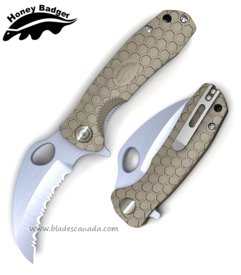 Honey Badger Mini Claw Flipper Folding Knife, Serrated, FRN Tan, HB1152 - Click Image to Close